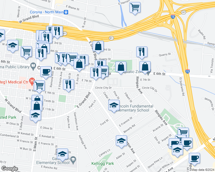 map of restaurants, bars, coffee shops, grocery stores, and more near 1010 Margarita Drive in Corona