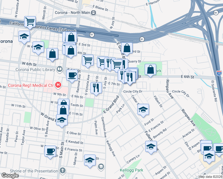 map of restaurants, bars, coffee shops, grocery stores, and more near 517 East 8th Street in Corona