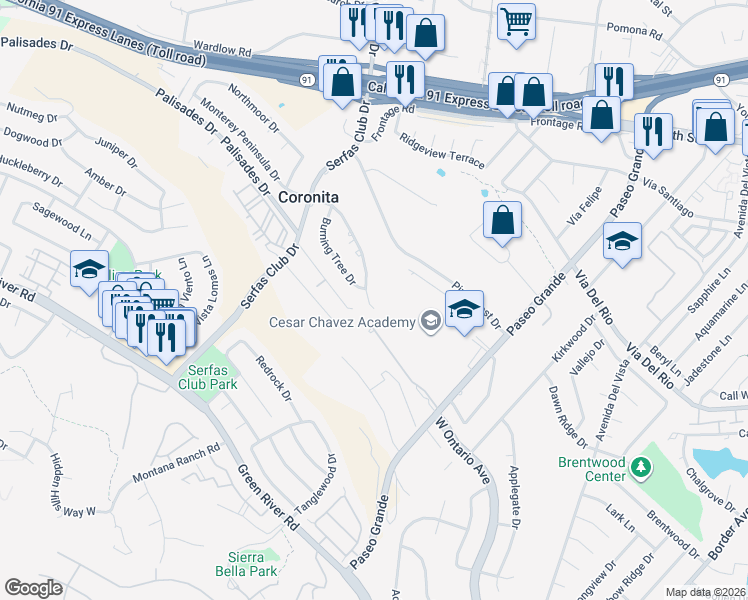 map of restaurants, bars, coffee shops, grocery stores, and more near 2096 Monterey Peninsula Drive in Corona