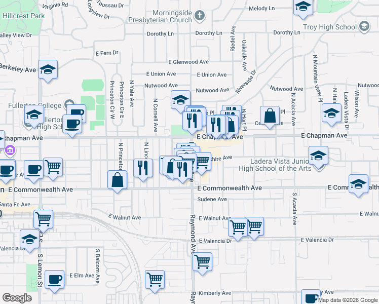 map of restaurants, bars, coffee shops, grocery stores, and more near 1128 East Whiting Avenue in Fullerton