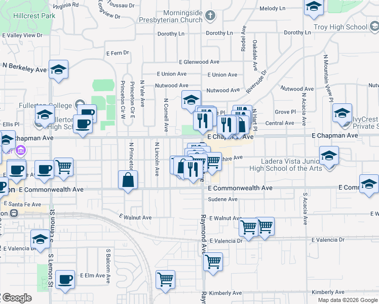 map of restaurants, bars, coffee shops, grocery stores, and more near 1128 East Whiting Avenue in Fullerton