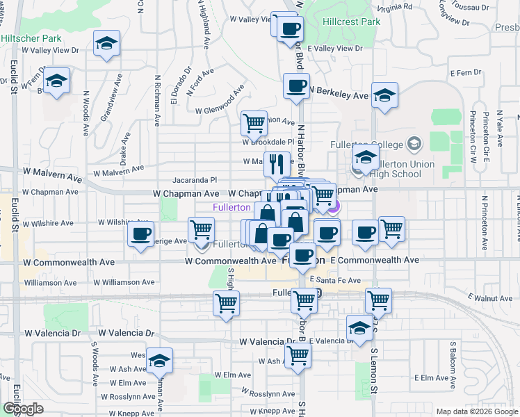 map of restaurants, bars, coffee shops, grocery stores, and more near 210 West Whiting Avenue in Fullerton
