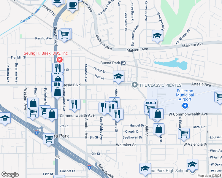 map of restaurants, bars, coffee shops, grocery stores, and more near 6021 Indiana Avenue in Buena Park