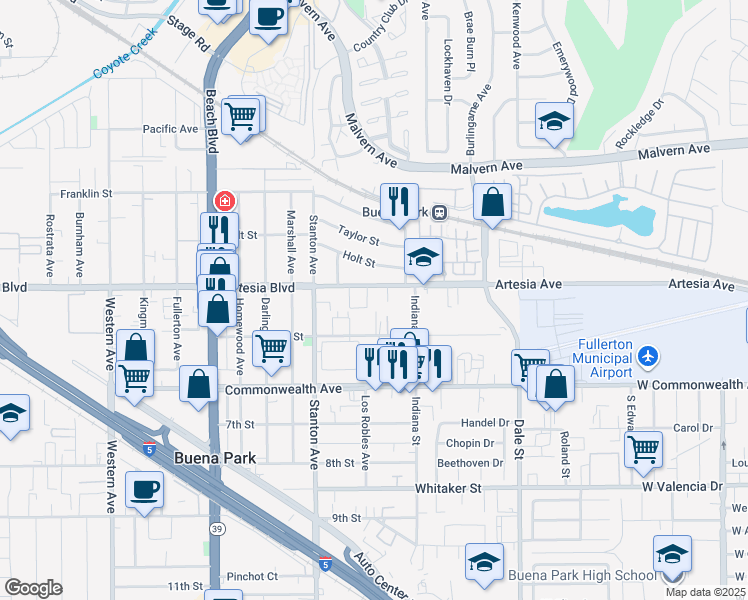 map of restaurants, bars, coffee shops, grocery stores, and more near 8102 Artesia Boulevard in Buena Park