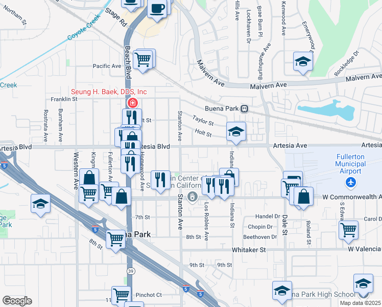 map of restaurants, bars, coffee shops, grocery stores, and more near 8042 Artesia Boulevard in Buena Park