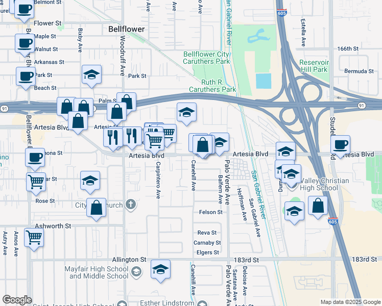 map of restaurants, bars, coffee shops, grocery stores, and more near 10445 Artesia Boulevard in Bellflower