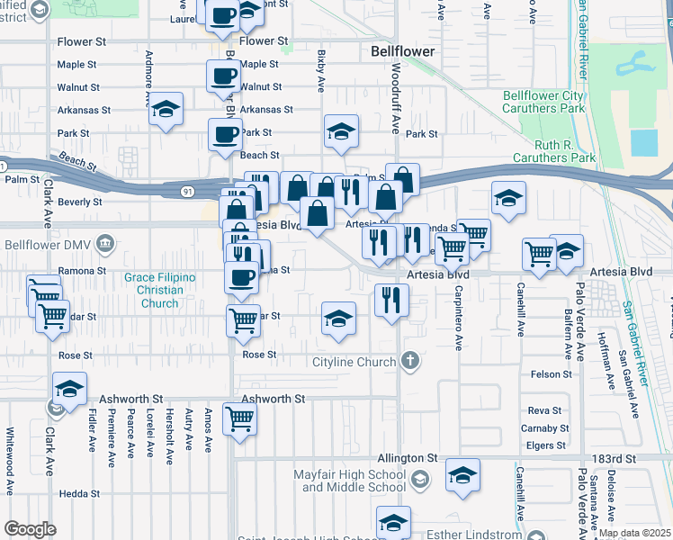map of restaurants, bars, coffee shops, grocery stores, and more near 10010 Artesia Boulevard in Bellflower
