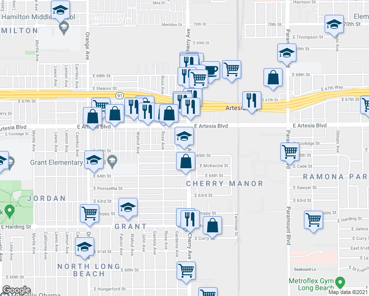 map of restaurants, bars, coffee shops, grocery stores, and more near 6510 Cherry Avenue in Long Beach