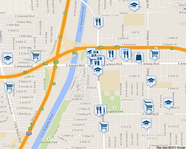 map of restaurants, bars, coffee shops, grocery stores, and more near 6485 Atlantic Avenue in Long Beach