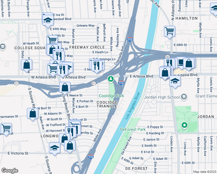 map of restaurants, bars, coffee shops, grocery stores, and more near 331 East 65th Street in Long Beach