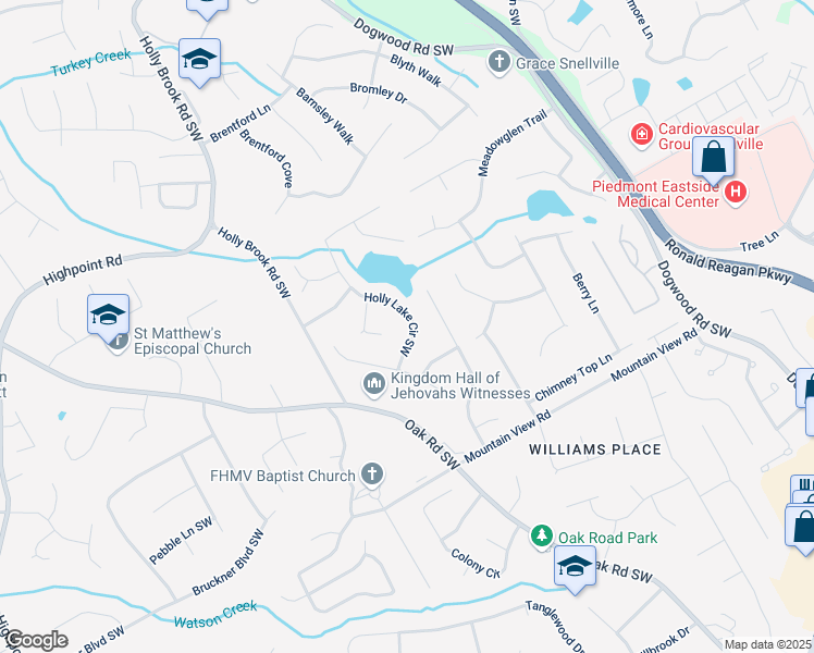 map of restaurants, bars, coffee shops, grocery stores, and more near 1655 Holly Lake Circle Southwest in Snellville