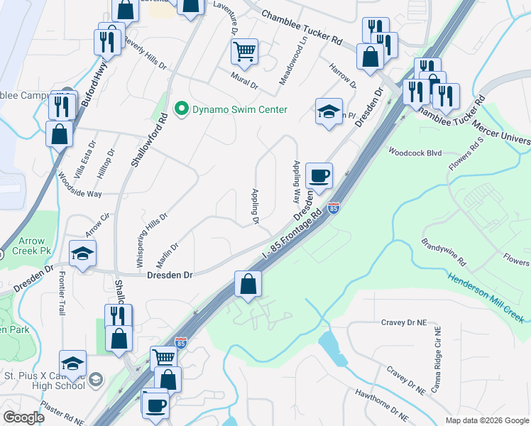 map of restaurants, bars, coffee shops, grocery stores, and more near 2902 Appling Drive in Atlanta