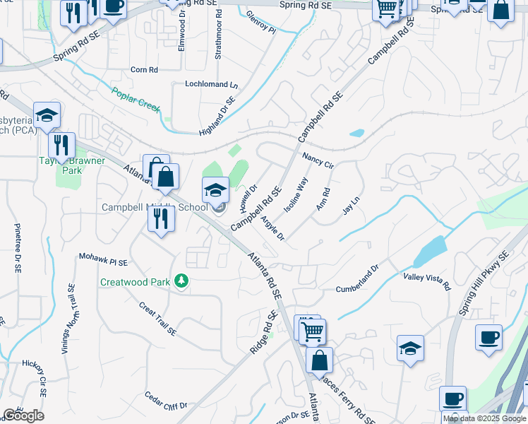 map of restaurants, bars, coffee shops, grocery stores, and more near 3383 Campbell Road Southeast in Smyrna