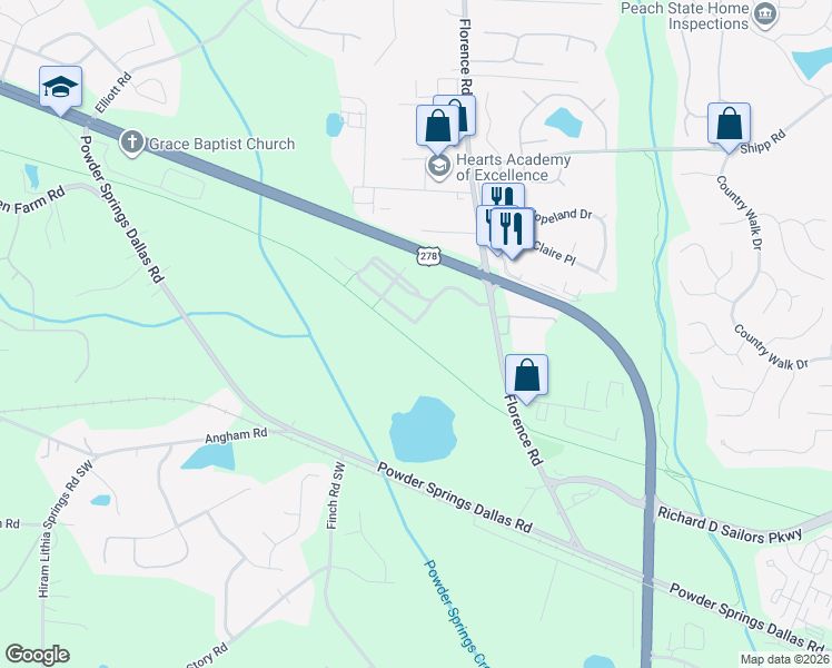 map of restaurants, bars, coffee shops, grocery stores, and more near 3327 Thornbridge Drive in Powder Springs