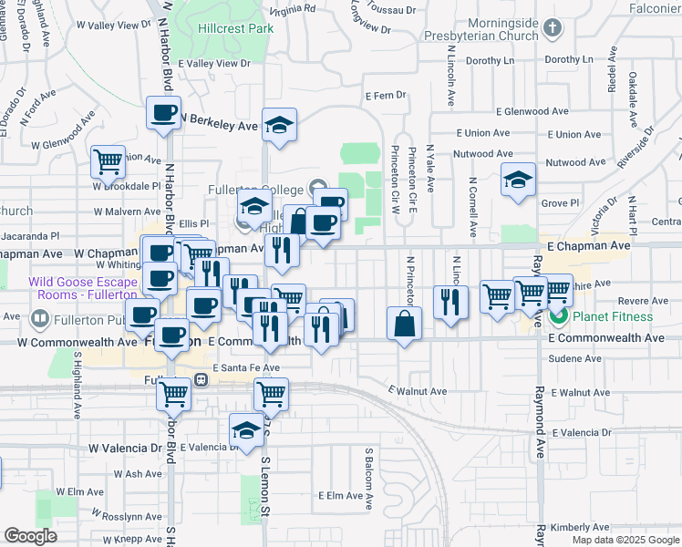 map of restaurants, bars, coffee shops, grocery stores, and more near 314 North Newell Place in Fullerton