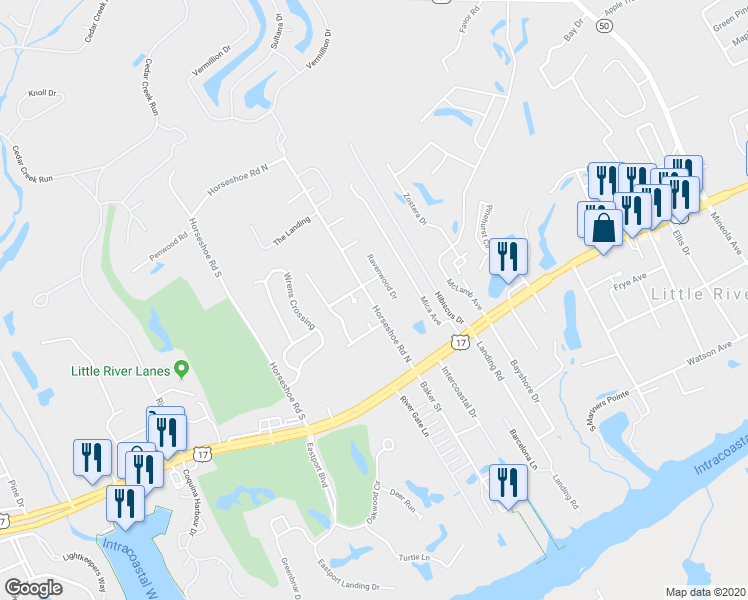 map of restaurants, bars, coffee shops, grocery stores, and more near 4215 State Road S-26-1143 in Little River