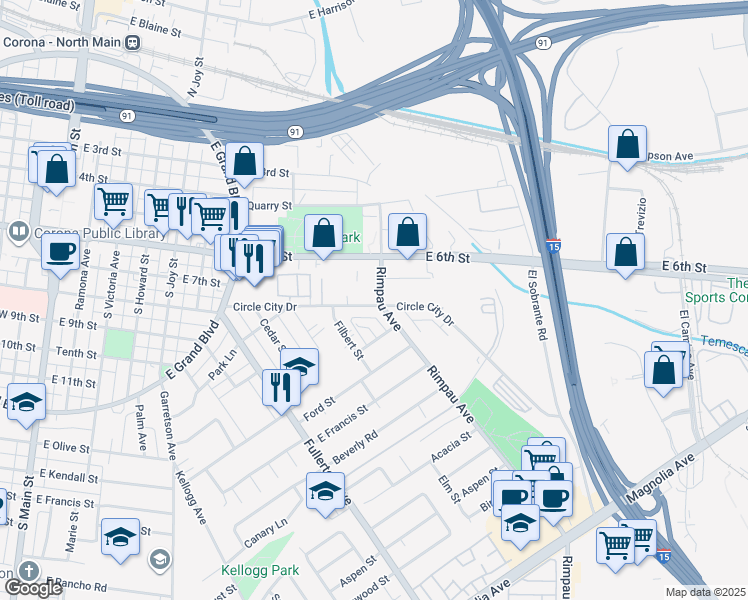 map of restaurants, bars, coffee shops, grocery stores, and more near 1083 Circle City Drive in Corona