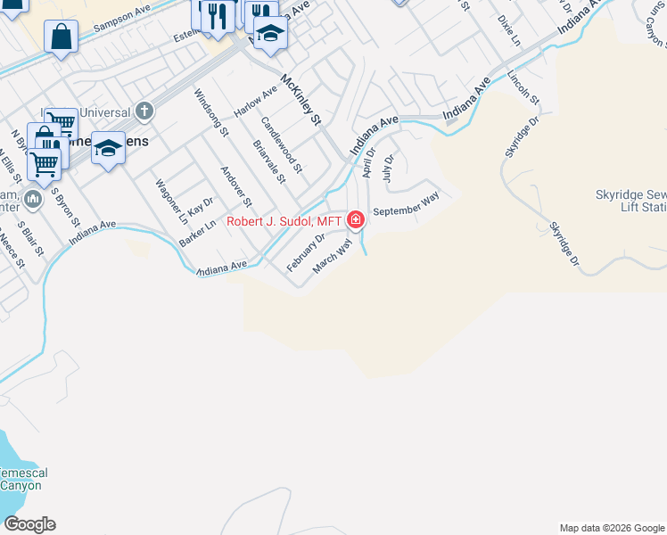 map of restaurants, bars, coffee shops, grocery stores, and more near 13296 March Way in Riverside