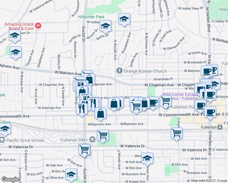 map of restaurants, bars, coffee shops, grocery stores, and more near 323 North Woods Avenue in Fullerton