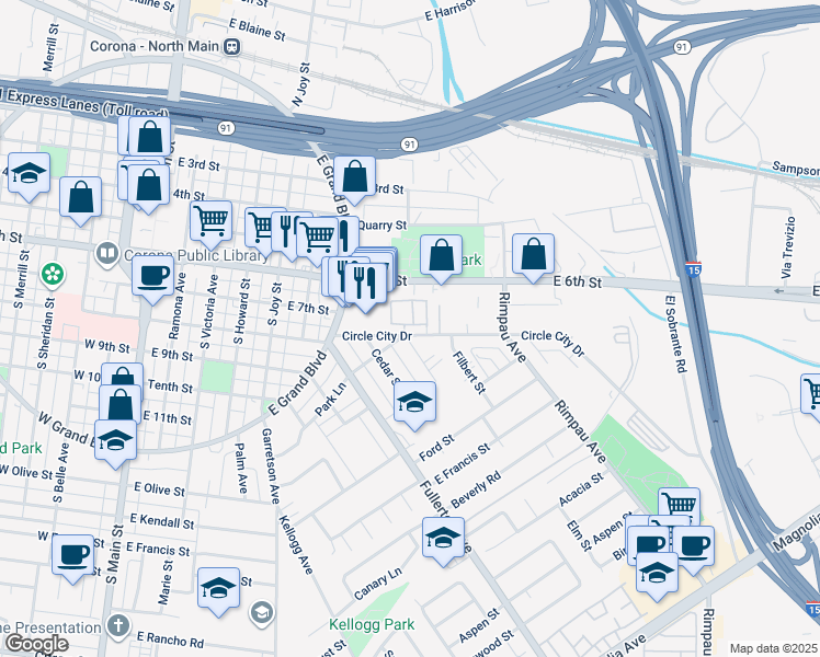 map of restaurants, bars, coffee shops, grocery stores, and more near 1010 Margarita Drive in Corona