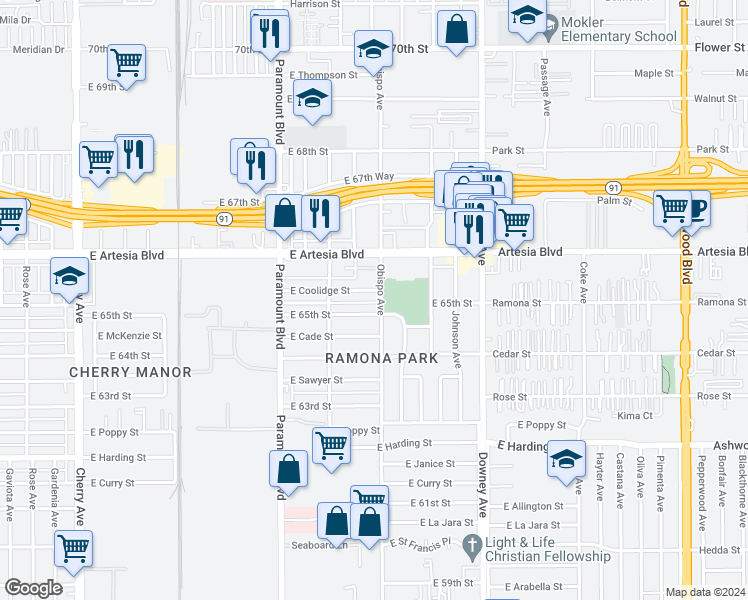 map of restaurants, bars, coffee shops, grocery stores, and more near 3134 East Coolidge Street in Long Beach