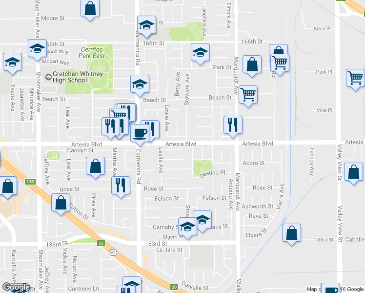 map of restaurants, bars, coffee shops, grocery stores, and more near 13551 Carolyn Place in Cerritos