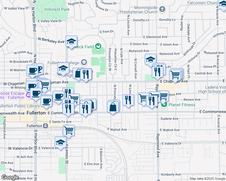 map of restaurants, bars, coffee shops, grocery stores, and more near 215 North Princeton Avenue in Fullerton
