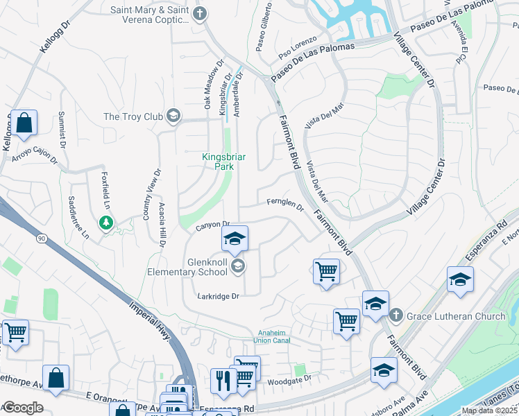 map of restaurants, bars, coffee shops, grocery stores, and more near 19932 Fernglen Drive in Yorba Linda