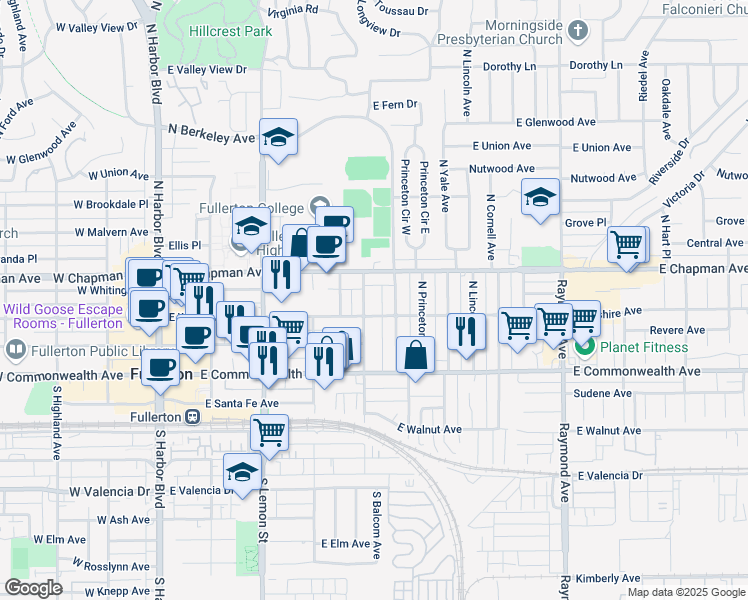 map of restaurants, bars, coffee shops, grocery stores, and more near 316 N Balcom Ave in Fullerton