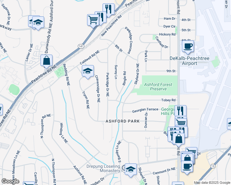 map of restaurants, bars, coffee shops, grocery stores, and more near 2906 Surrey Lane in Chamblee