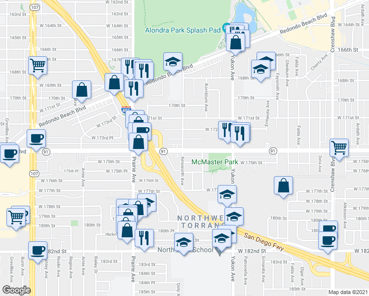 map of restaurants, bars, coffee shops, grocery stores, and more near 3775 Artesia Boulevard in Torrance