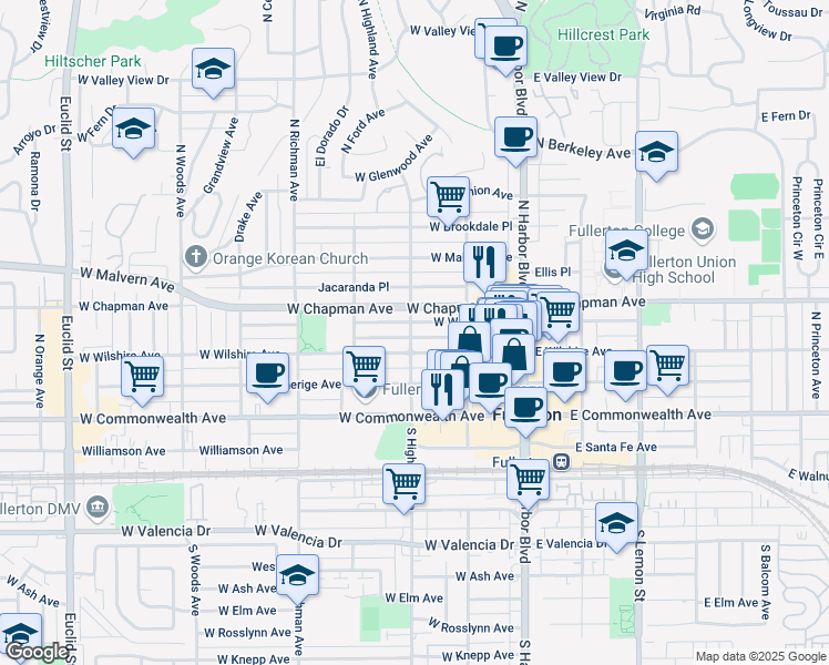 map of restaurants, bars, coffee shops, grocery stores, and more near 318 North Highland Avenue in Fullerton