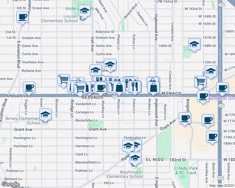 map of restaurants, bars, coffee shops, grocery stores, and more near 2423 Artesia Boulevard in Redondo Beach