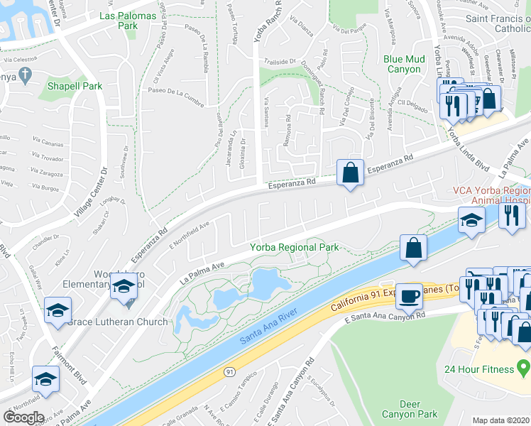 map of restaurants, bars, coffee shops, grocery stores, and more near 7841 East Samantha Circle in Anaheim