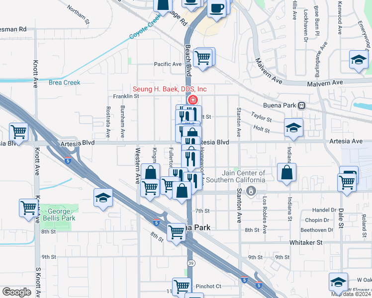 map of restaurants, bars, coffee shops, grocery stores, and more near 6025 Beach Boulevard in Buena Park