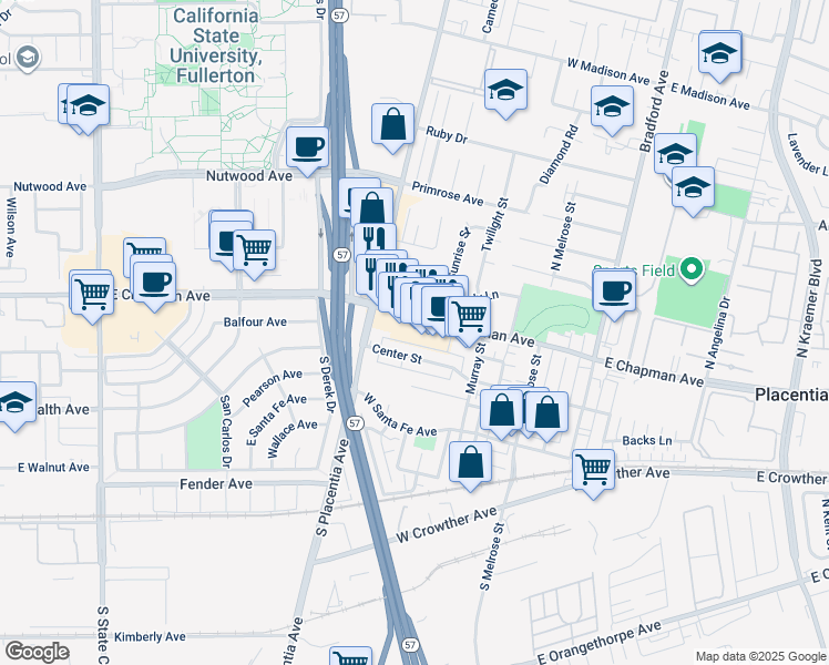 map of restaurants, bars, coffee shops, grocery stores, and more near 644 West Chapman Avenue in Placentia