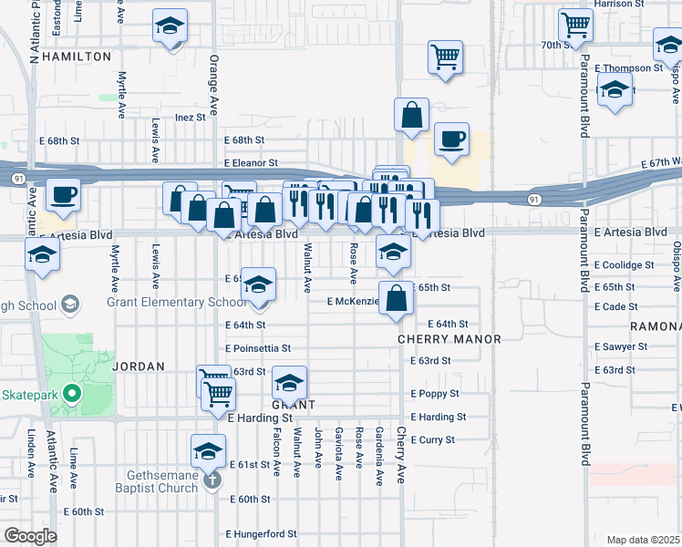 map of restaurants, bars, coffee shops, grocery stores, and more near 1669 East 65th Street in Long Beach