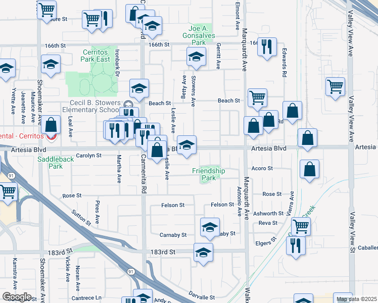 map of restaurants, bars, coffee shops, grocery stores, and more near 13551 Carolyn Place in Cerritos