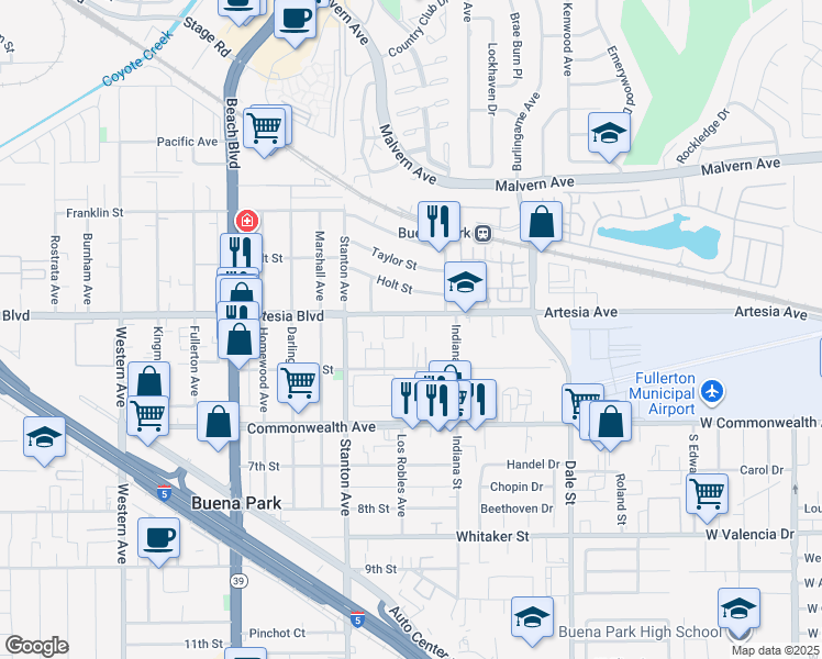 map of restaurants, bars, coffee shops, grocery stores, and more near 8102 Artesia Boulevard in Buena Park