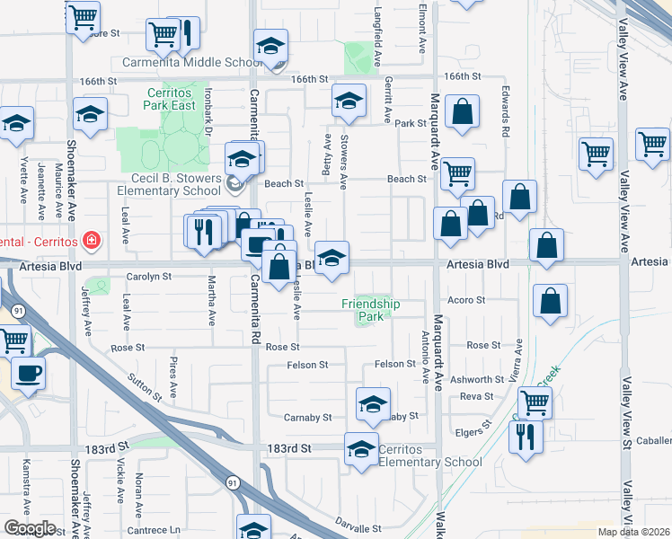 map of restaurants, bars, coffee shops, grocery stores, and more near 13551 Carolyn Place in Cerritos