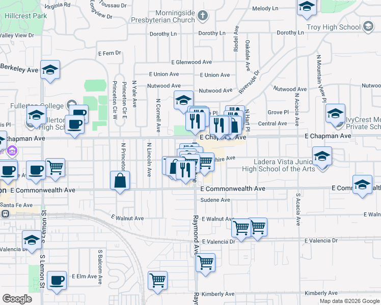 map of restaurants, bars, coffee shops, grocery stores, and more near 1128 East Whiting Avenue in Fullerton