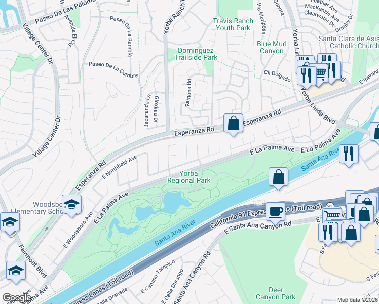 map of restaurants, bars, coffee shops, grocery stores, and more near 1240 North Willet Circle in Anaheim