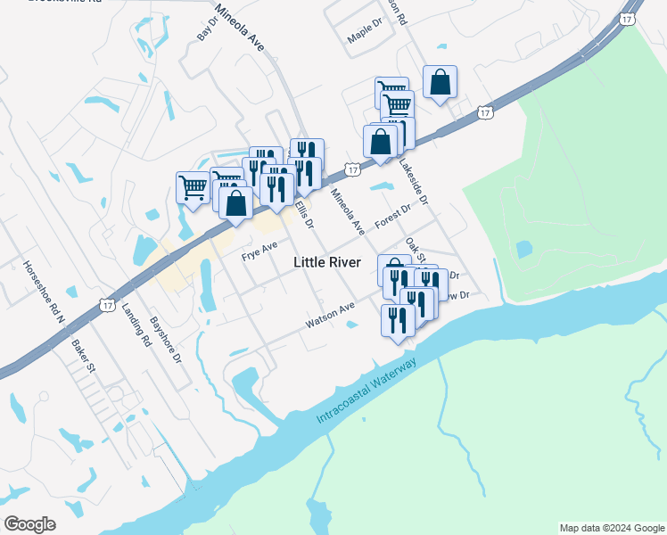 map of restaurants, bars, coffee shops, grocery stores, and more near 4366 State Road S-26-604 in Little River