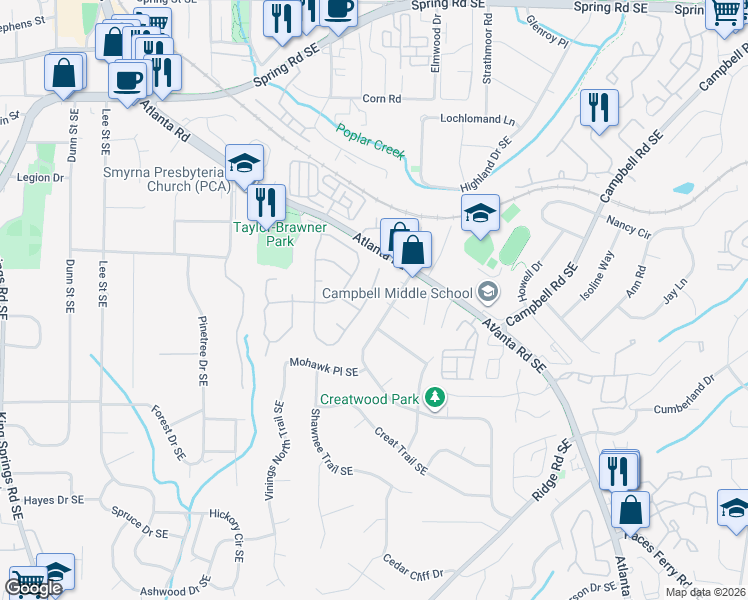 map of restaurants, bars, coffee shops, grocery stores, and more near 3282 Millwood Trail Southeast in Smyrna