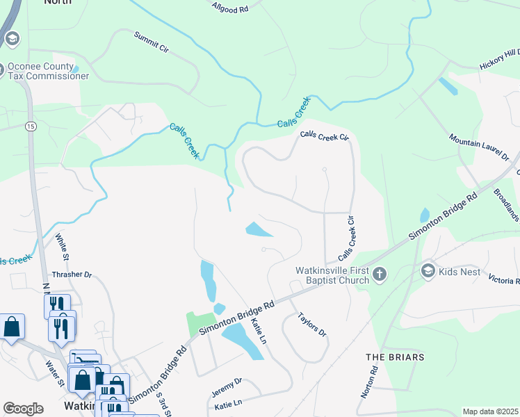 map of restaurants, bars, coffee shops, grocery stores, and more near 1260 Simonton Drive in Watkinsville