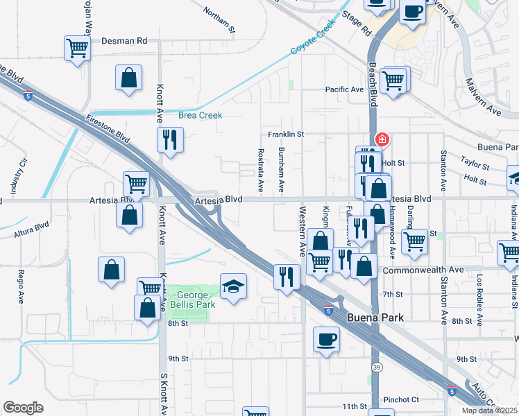 map of restaurants, bars, coffee shops, grocery stores, and more near 7300 Artesia Boulevard in Buena Park