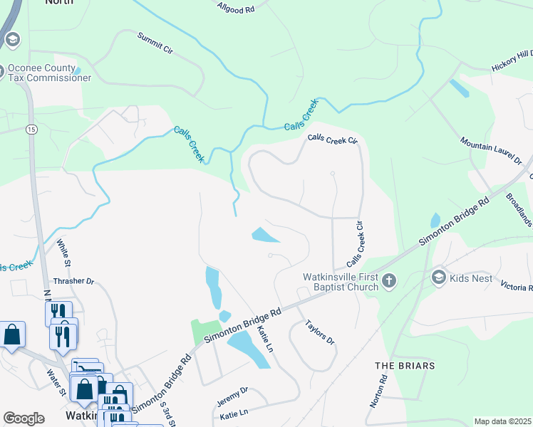 map of restaurants, bars, coffee shops, grocery stores, and more near 1260 Simonton Dr in Watkinsville