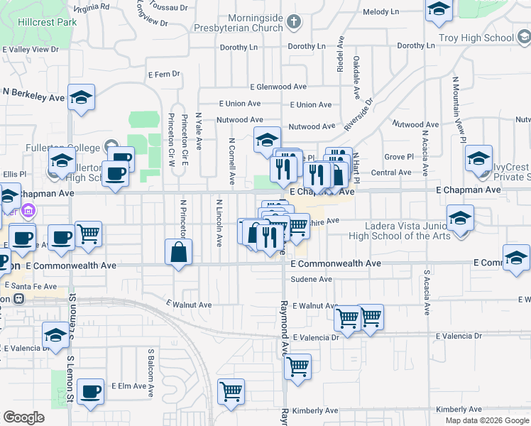 map of restaurants, bars, coffee shops, grocery stores, and more near 1128 East Whiting Avenue in Fullerton
