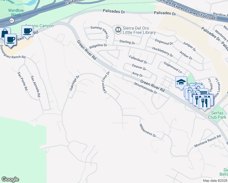 map of restaurants, bars, coffee shops, grocery stores, and more near 3594 Rio Ranch Road in Corona