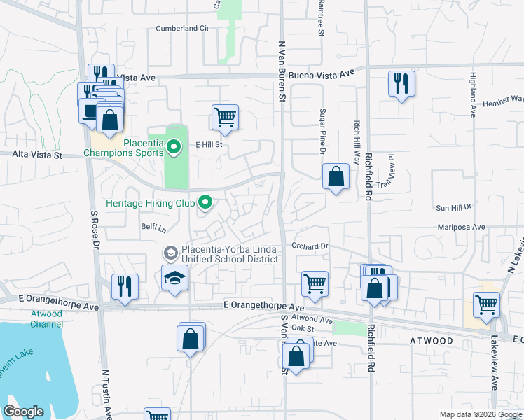 map of restaurants, bars, coffee shops, grocery stores, and more near 339 Draft Way in Placentia